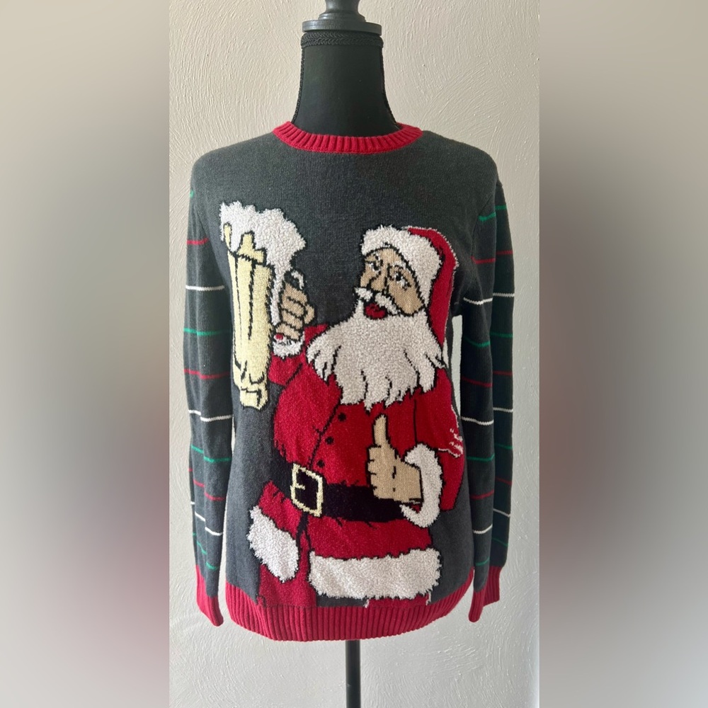 Gray, red, and green ugly sweater with Santa.